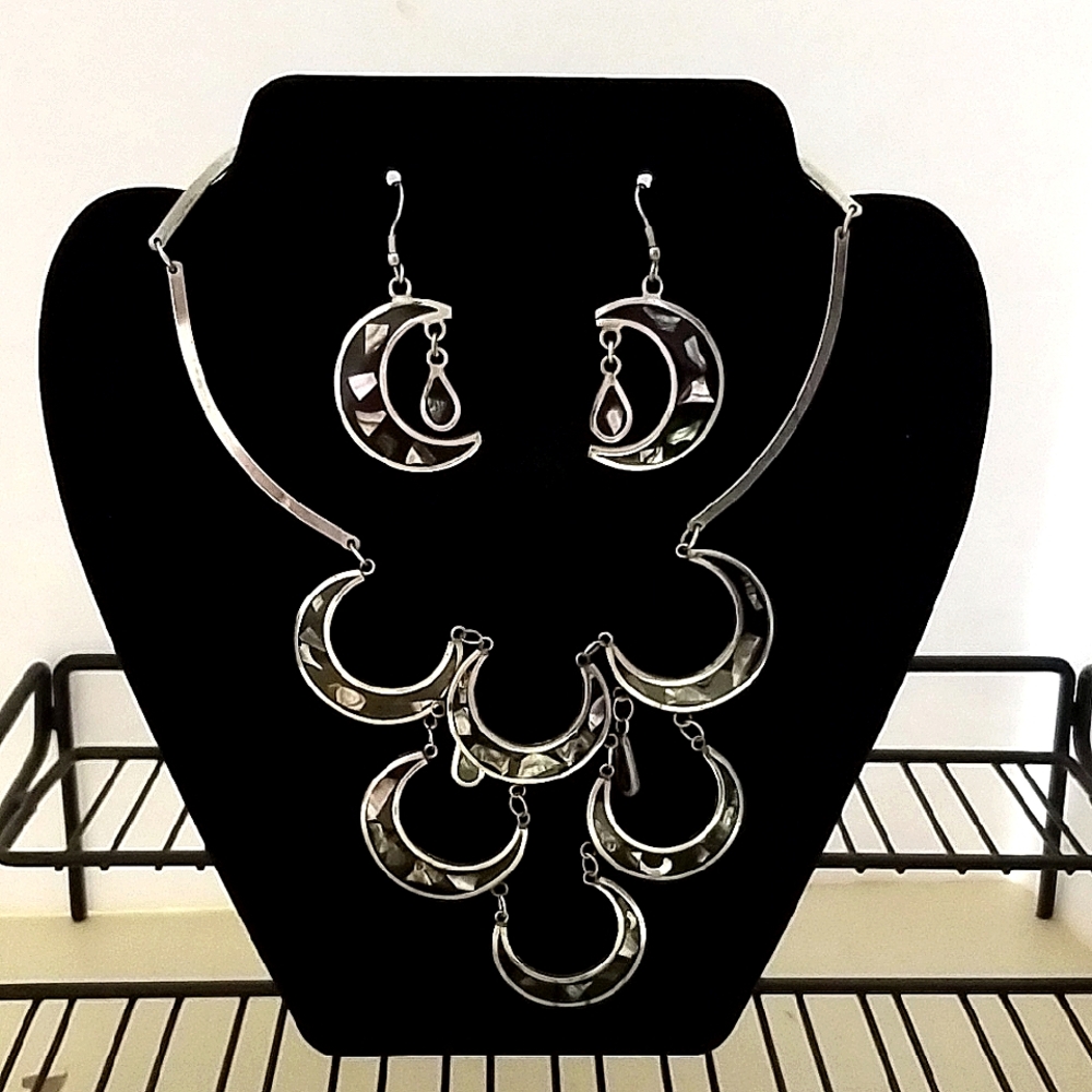 Vintage Mexican Sterling Silver 925 Abalone Long Tear Drop Dangle Set.